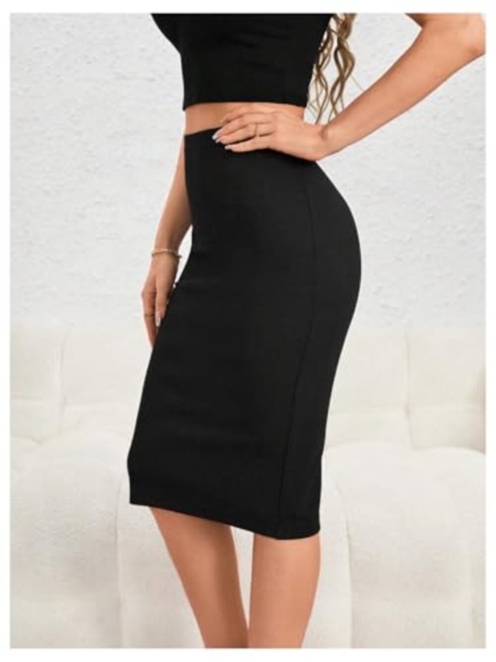 High Waisted Bodycon Pencil Midi Skirt Zip Up Back Stretchy Skinny - Picture 4 of 5